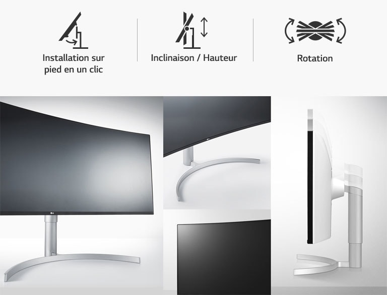 Design ergonomique&nbsp;: Pied enfichable en un clic  l   Inclinaison / Hauteur  l   Rotation