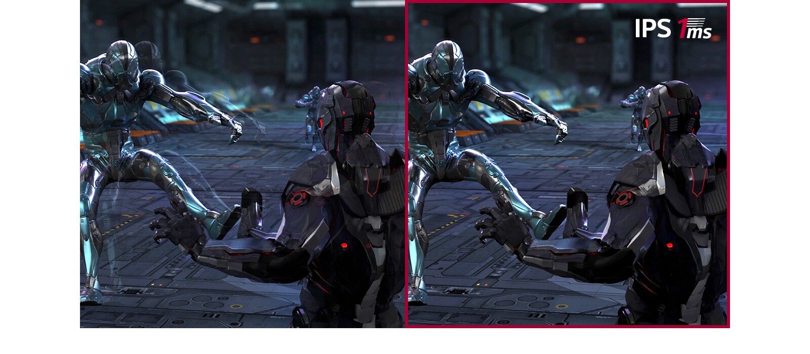 Pendant que le joueur protège et tire contre 3 adversaires dans le jeu FPS qui se déroule à un rythme rapide, la scène de jeu avec un temps de réponse de 1 ms (GtG) IPS maintient des images plus claires sans obscurcissement ni scintillement des écrans, comparativement à la scène avec un temps de réponse IPS de 5 ms.