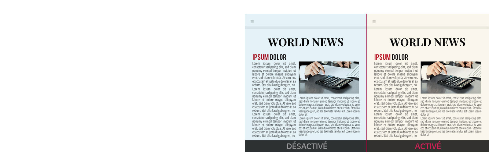 Image du moniteur avec moins de lumière bleue lorsque le mode lecture est activé, tandis que le moniteur émet beaucoup plus de lumière lorsque le mode lecture est désactivé