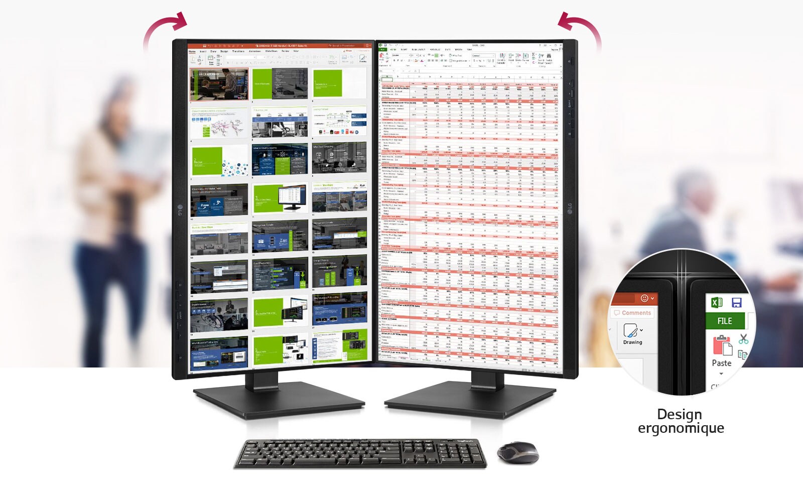 Image du modèle sans presque aucun bord sur 3&nbsp;côtés avec un double écran et une fonction de pivot bidirectionnel