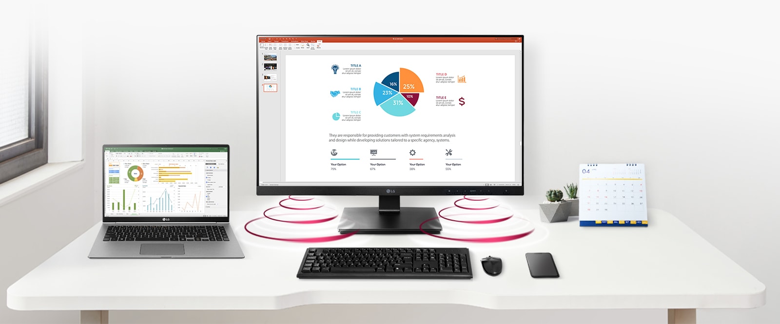 Image d’un bureau peu encombré avec de la place supplémentaire grâce à l’absence de câbles pour haut-parleurs externes.