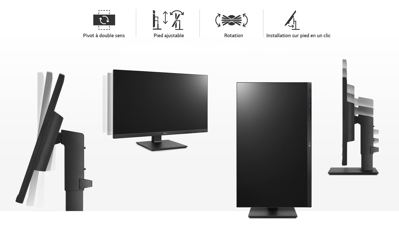Image présentant les fonctionnalités de pivot à double sens, pied ajustable, rotation et installation sur pied en un clic pour un environnement de travail optimisé.