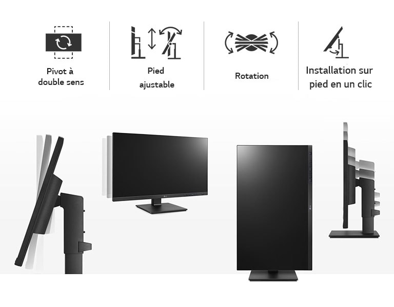 Image présentant les fonctionnalités de pivot à double sens, pied ajustable, rotation et installation sur pied en un clic pour un environnement de travail optimisé.