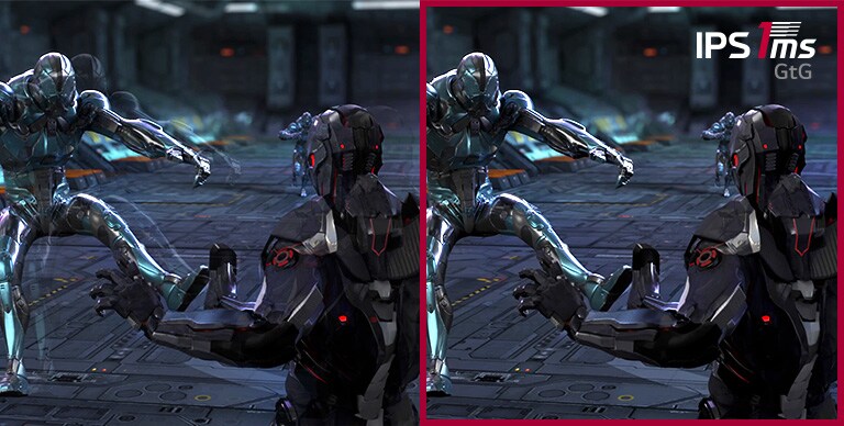 Pendant que le joueur protège et tire contre 3&nbsp;adversaires dans le jeu FPS qui se déroule à un rythme rapide, la scène de jeu avec un temps de réponse de 1&nbsp;ms (GtG) IPS maintient des images plus claires sans obscurcissement ni scintillement des écrans, comparativement à la scène avec un temps de réponse IPS de 5&nbsp;ms.