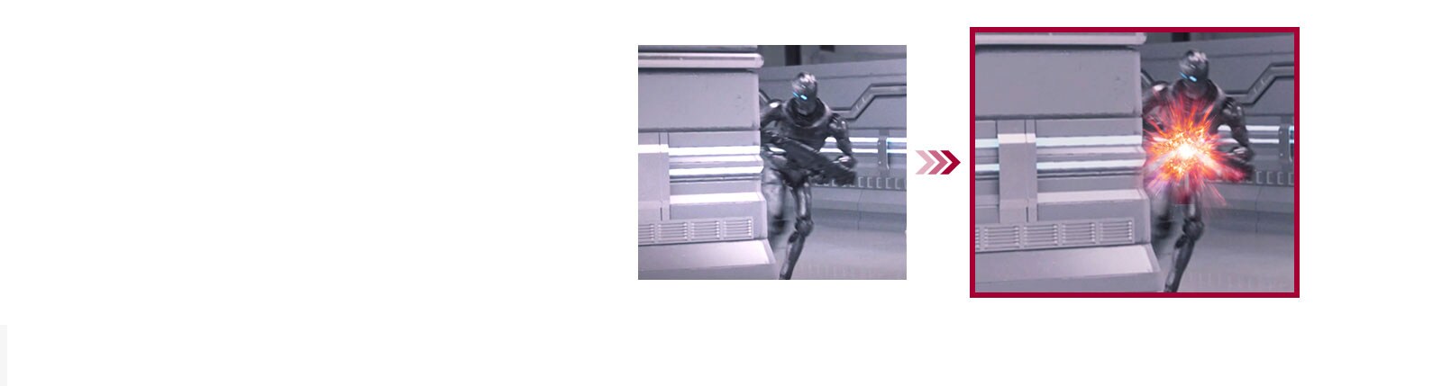 Une comparaison de deux scènes de jeu entre le mode conventionnel et le mode Dynamic Action Sync avec retard d’affichage réduit