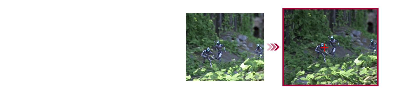 une comparaison de deux scènes de jeu entre le mode Conventionnel et le mode Crosshair permettant de mieux viser