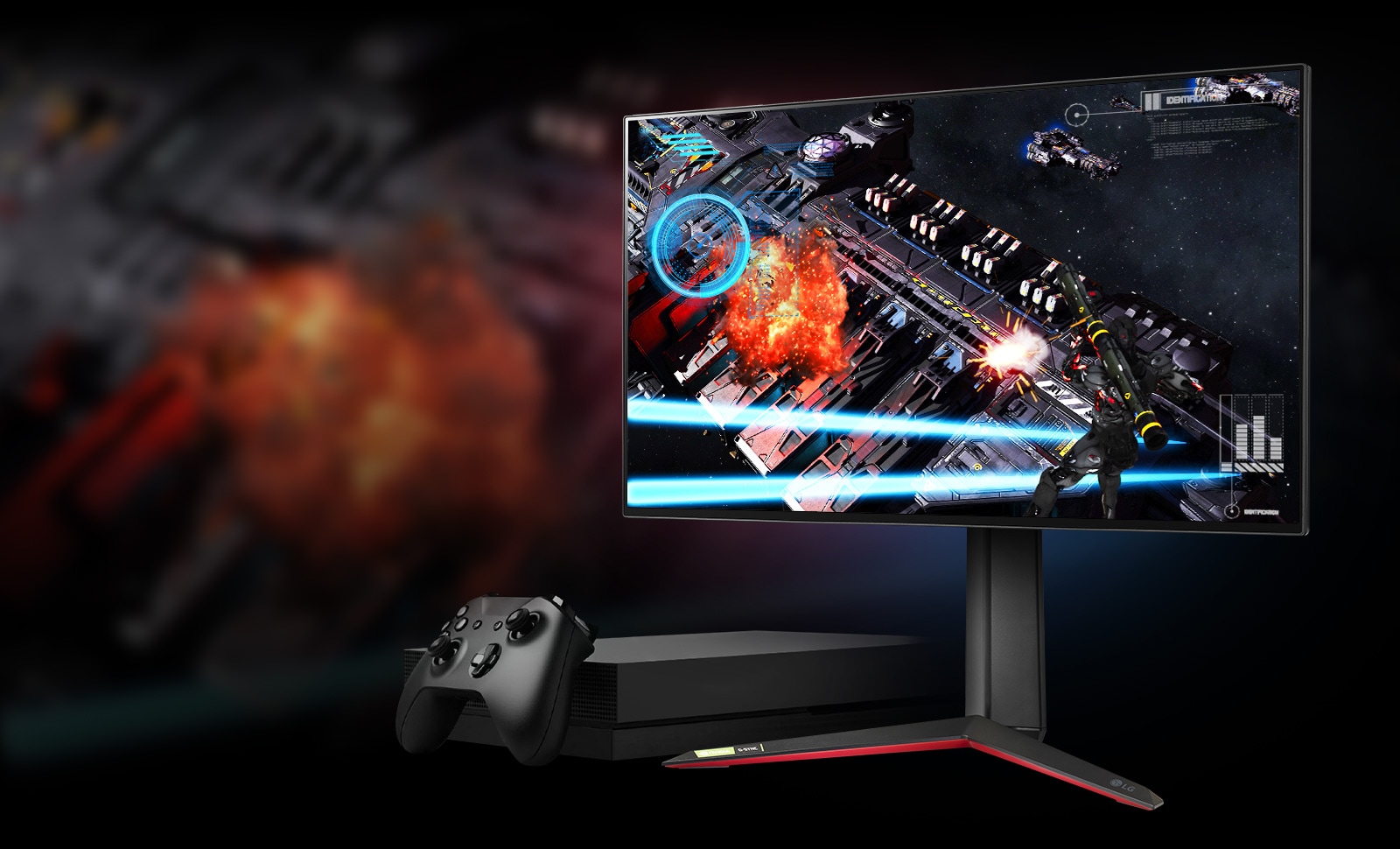 Moniteur 27GP950 affichant un jeu de tirs. Une console se trouve à côté du moniteur.