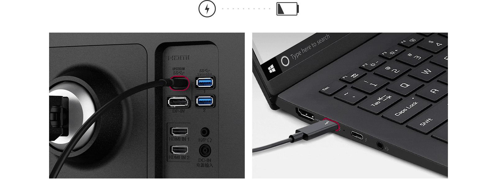 Vous pouvez alimenter un moniteur tout en chargeant l’ordinateur portable connecté (jusqu’à 96W) simultanément.