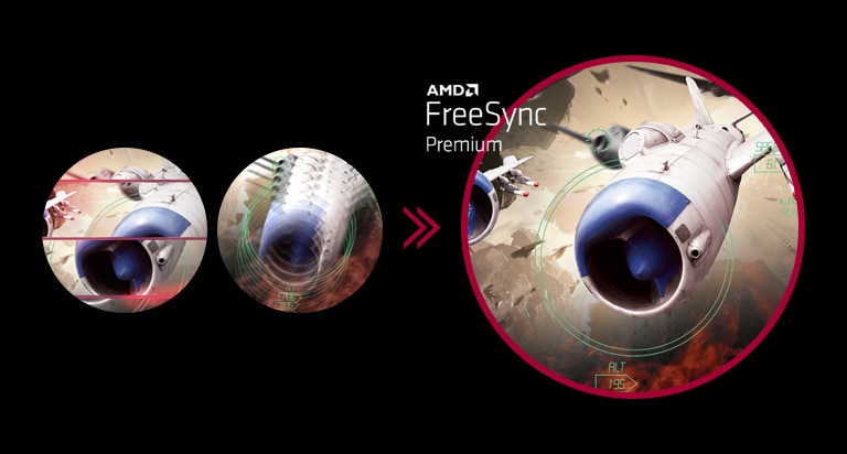 Une image de jeu claire et un mouvement fluide et continu surviennent lorsque AMD FreeSync™ est activé, tandis que le bégaiement et la déchirure de l’écran surviennent lorsque AMD FreeSync™ est inactivé.