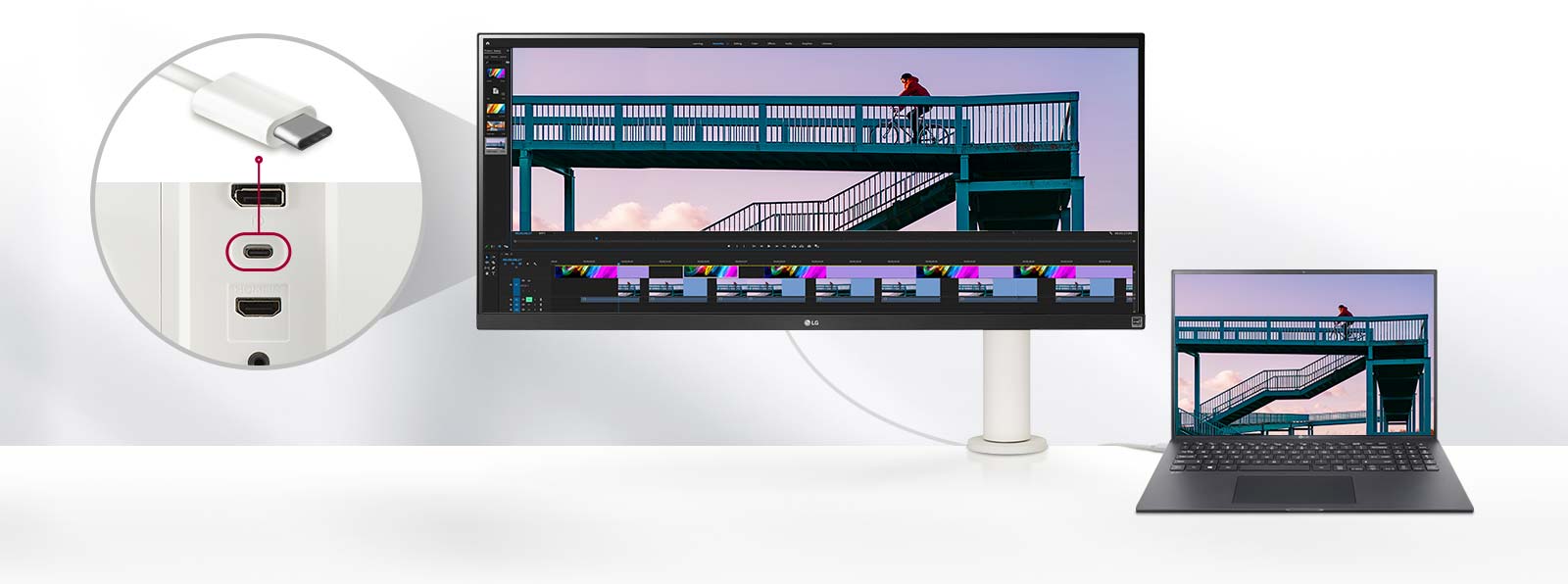 L’image montre que le moniteur et l’ordinateur portable sont connectés avec le câble USB Type-C.