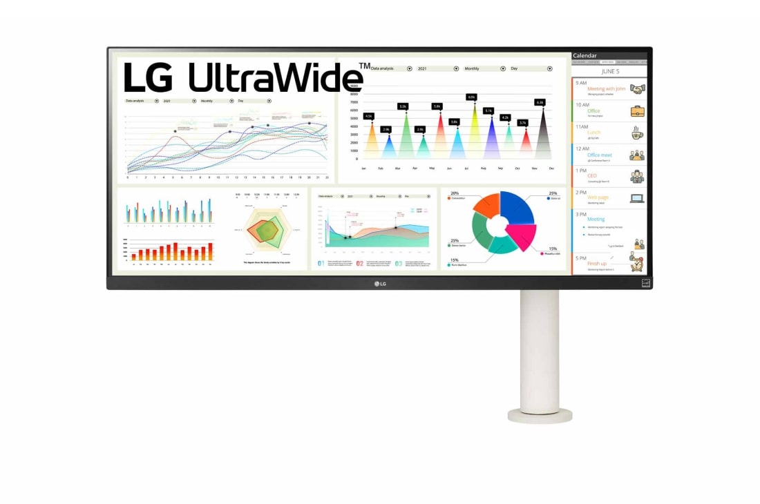 LG Moniteur 34'' 21:9 UltraWide™ FHD (2560 x 1080) avec support Ergo, vue de face avec le bras du moniteur sur la droite, 34WQ680-W
