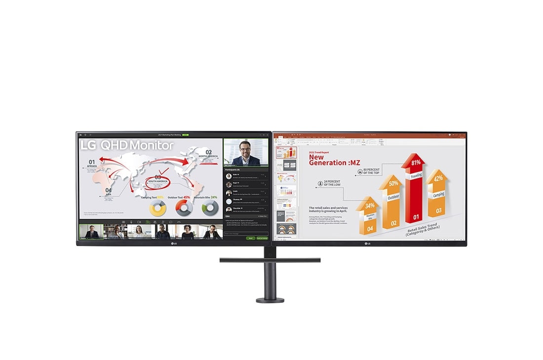 LG Moniteur QHD Ergo Dual 27 pouces avec configuration en série, vue de face avec le bras du moniteur sur la droite, 27QP88DP-BS