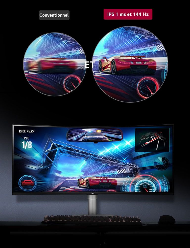(Message sur l’image de l’écran de jeu) RACE 45.24 / POS 1/8  Image conventionnelle ET Image IPS de 1 ms et 144 Hz