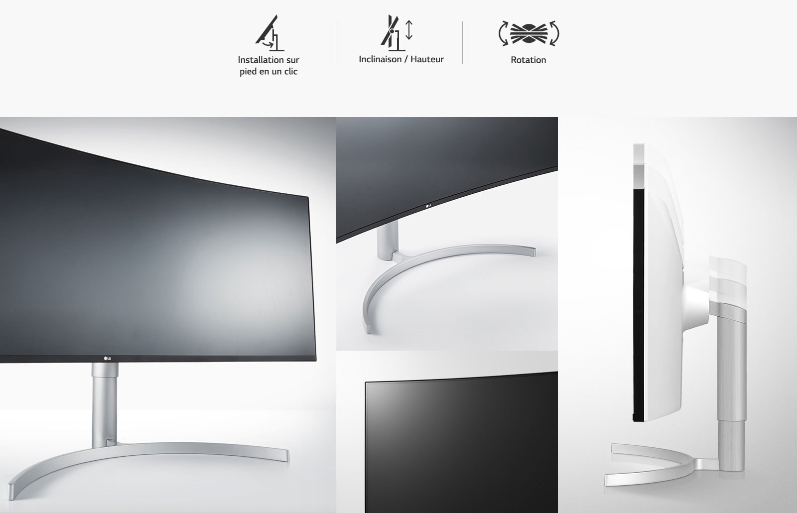 Design ergonomique : Pied enfichable en un clic  l   Inclinaison / Hauteur  l   Rotation