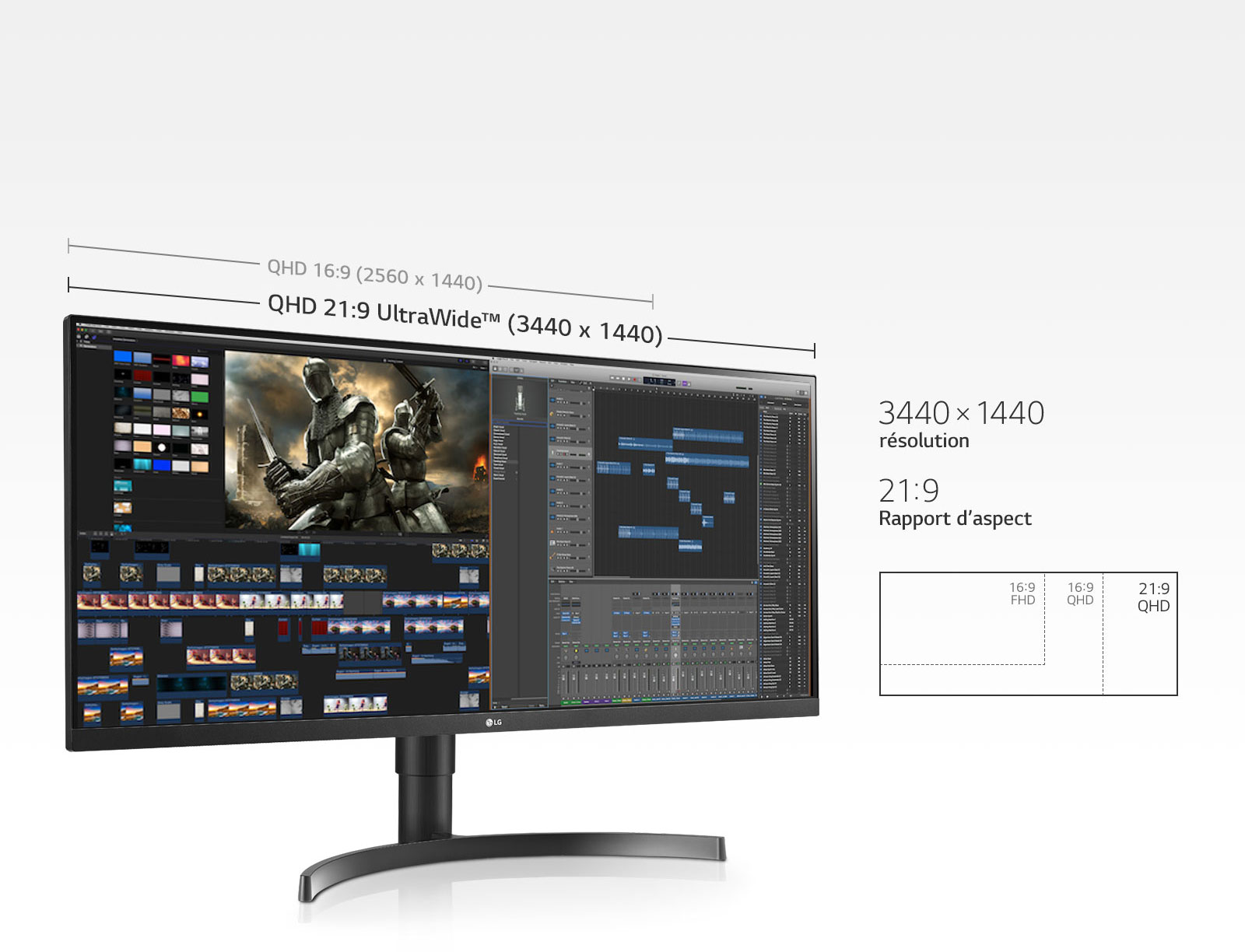 L’écran QHD 21:9 (3440 x 1440) offre un écran 2,4 fois plus large que le Full HD QHD 16:9(1980 x 1080), tout en offrant 880px de plus que le QHD 16:9 (2560 x 1440).