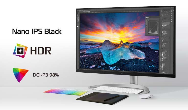 Le moniteur noir UHD 4K (3840 x 2160) Nano IPS de 31,5 pouces fournit une qualité d’image exceptionnelle et des couleurs précises avec un DCI-P3 98% (Typ.).