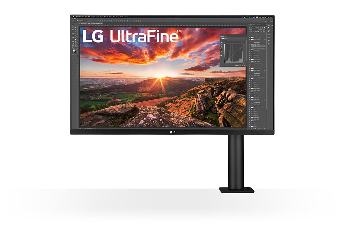 LG Moniteur IPS UHD 4K Ergo de 31,5 pouces avec USB de Type-C™, vue de face avec bras du moniteur sur la droite, 32UN880P-B