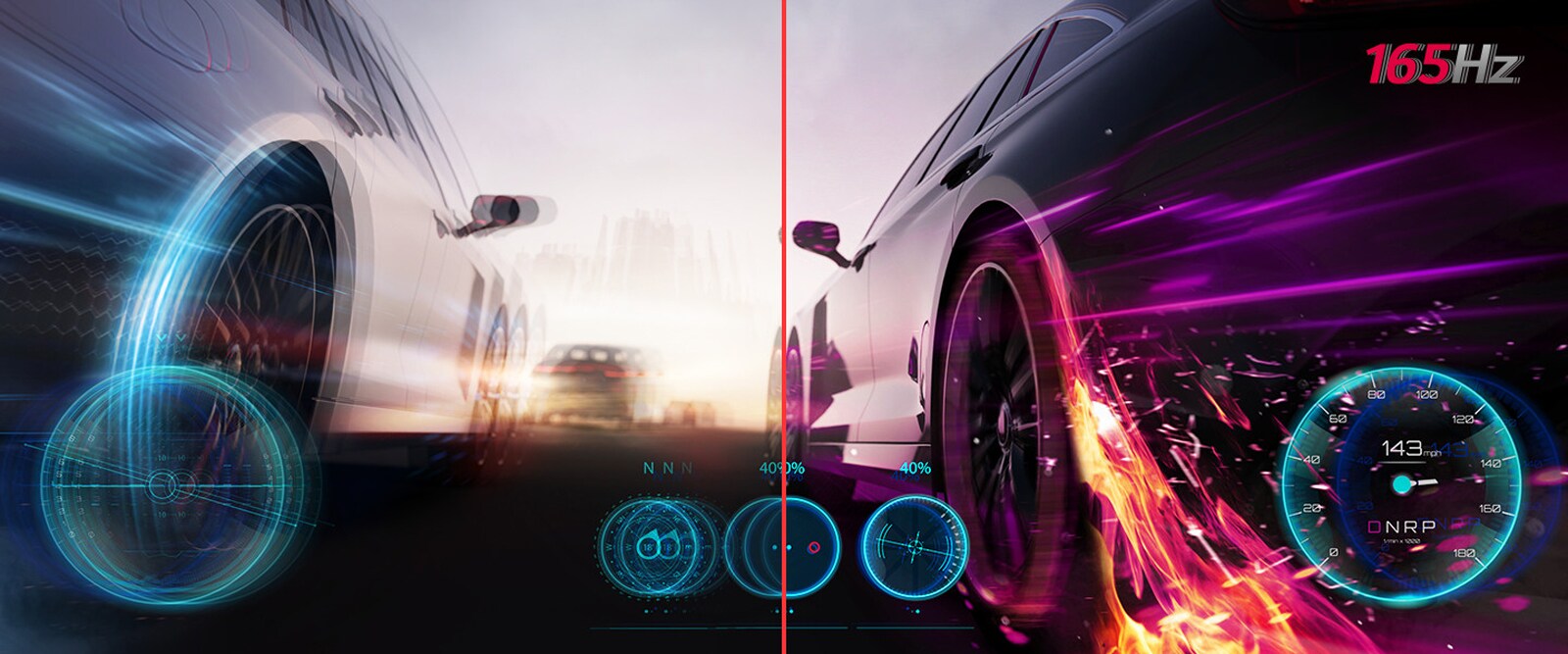 Comparaison d’un jeu dynamique avec un taux de rafraichissement bas et une image claire avec un taux de rafraichissement de 165 Hz.