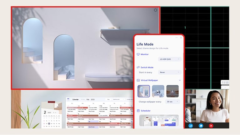 L’application LG Switch permet d’optimiser le moniteur pour un environnement de travail efficace, comme diviser l’écran en six zones, gérer les programmes ou lancer facilement la plateforme d’appel vidéo via des touches de raccourci mappées.	