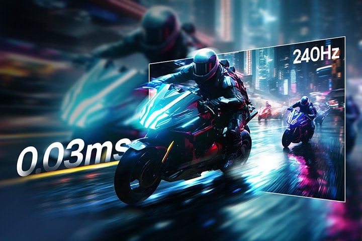 Scène d’un jeu de course avec un temps de réponse extrêmement rapide de 0.03ms (GtG) et un taux de rafraîchissement de 240 Hz.