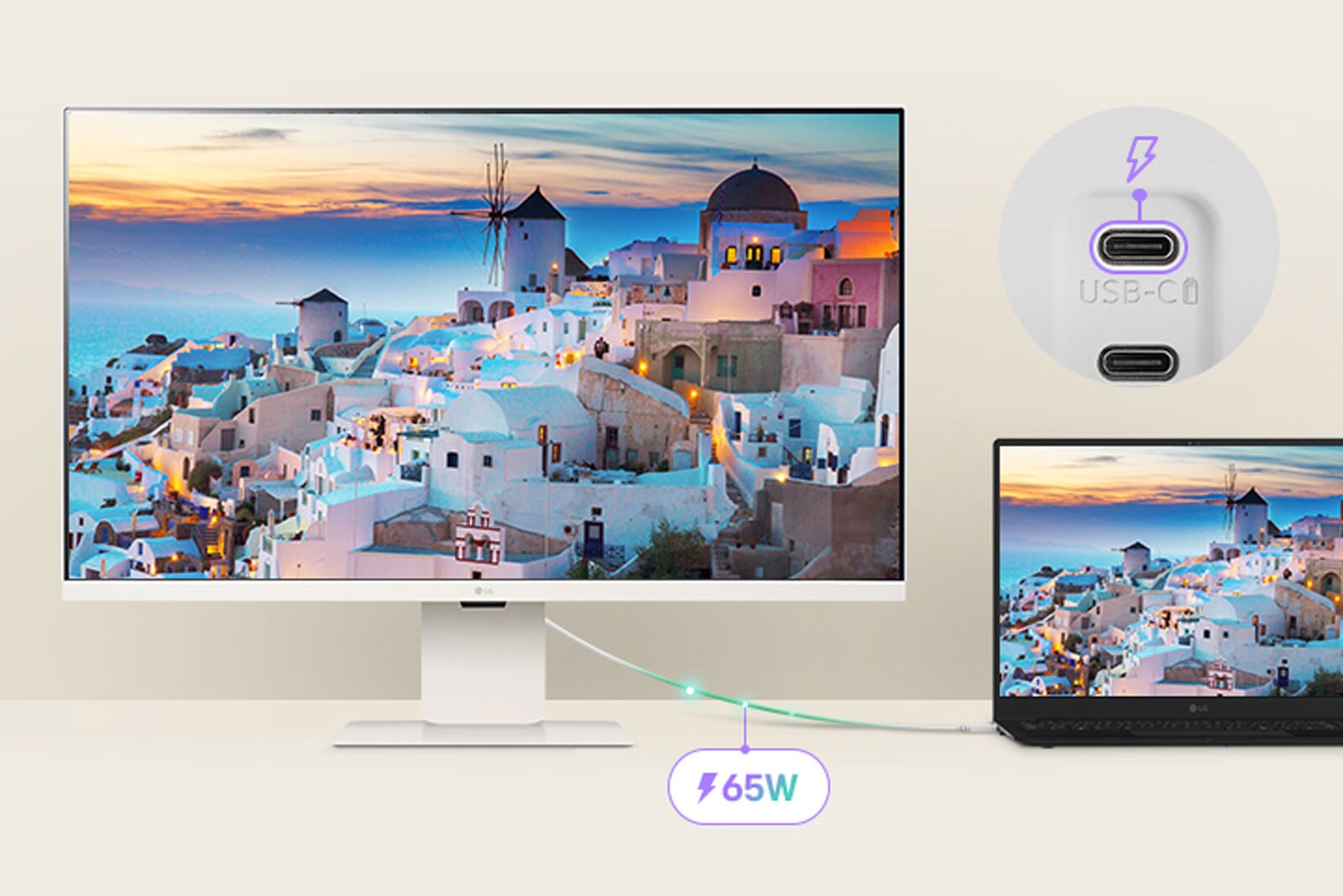 Un ordinateur portable est connecté à un LG Smart Monitor via USB-C. Il se charge via USB-C tout en affichant le même écran.	