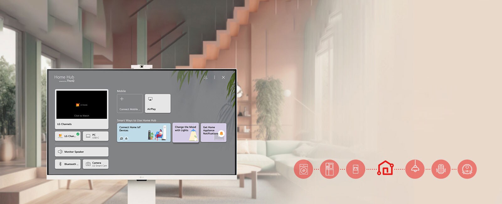 L’écran du LG Smart Monitor montre l’interface du tableau de bord d’accueil ThinQ.	