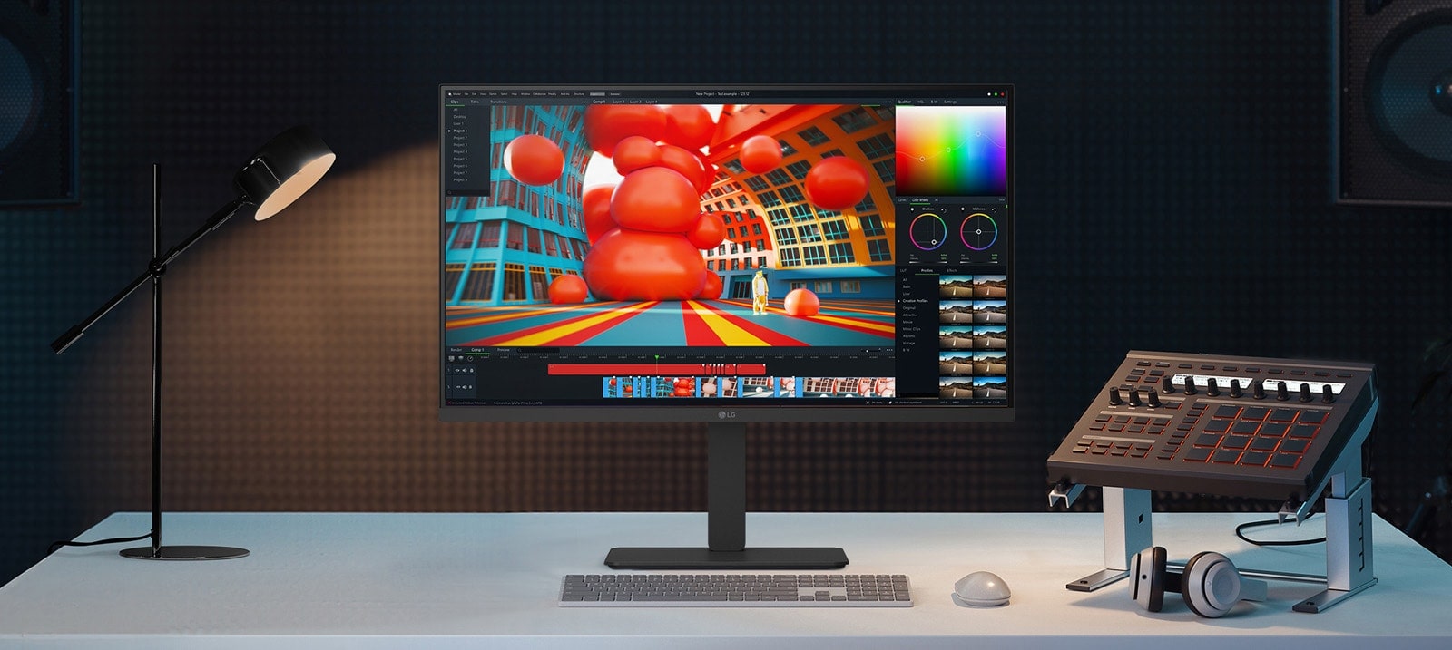 Vue avant d’un moniteur LG noir sur un bureau, affichant une interface d’édition 3D colorée avec une lampe, un clavier, un mixeur audio et un casque à proximité.