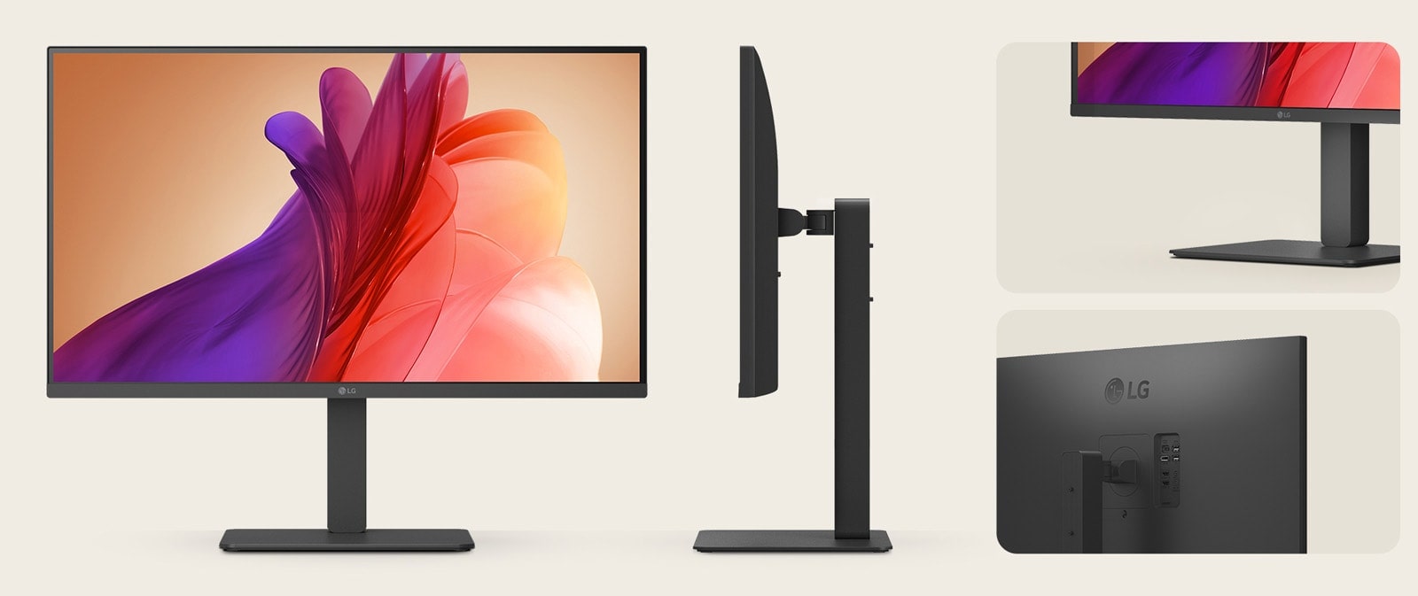Vues avant, latérale et en détails d’un moniteur LG noir avec un pied épuré et un design à panneau noir minimaliste.