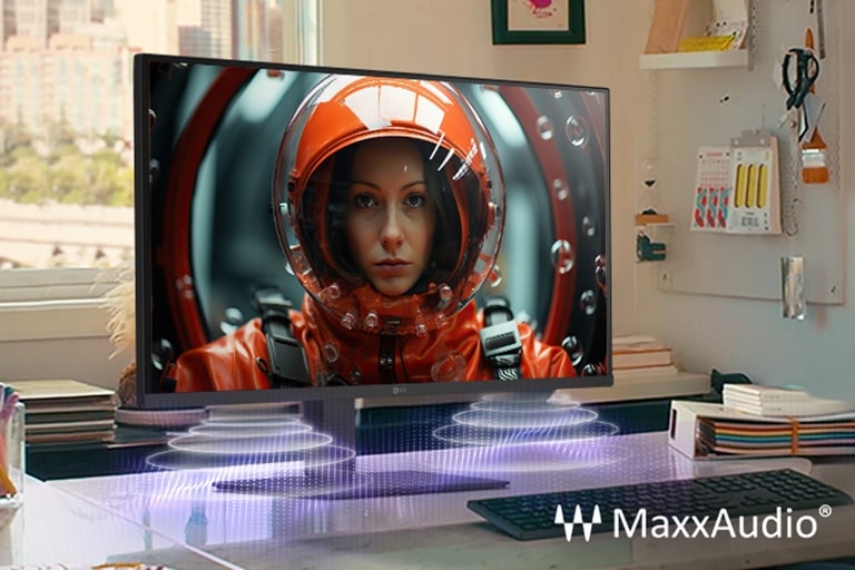 Un poste de travail avec un moniteur LG qui affiche une image d’une femme en combinaison spatiale, améliorée avec des effets visuels MaxxAudio qui suggèrent une projection du son via un haut-parleur intégré.	