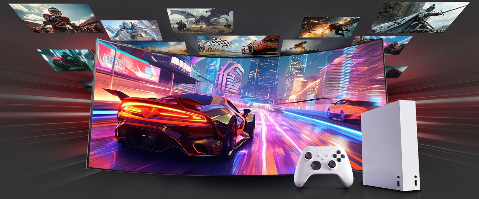 Un moniteur de jeu incurvé affiche un jeu de course avec une voiture rouge dans une ville éclairée au néon. D’autres scènes de jeu traversent l’écran. Une manette de jeu de console blanche est posée devant, soulignant le jeu sur console.	