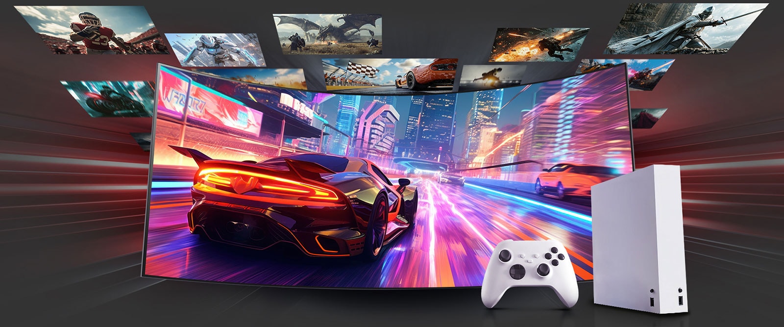 Un moniteur de jeu incurvé affiche un jeu de course avec une voiture rouge dans une ville éclairée au néon. D’autres scènes de jeu traversent l’écran. Une manette de jeu de console blanche est posée devant, soulignant le jeu sur console.	
