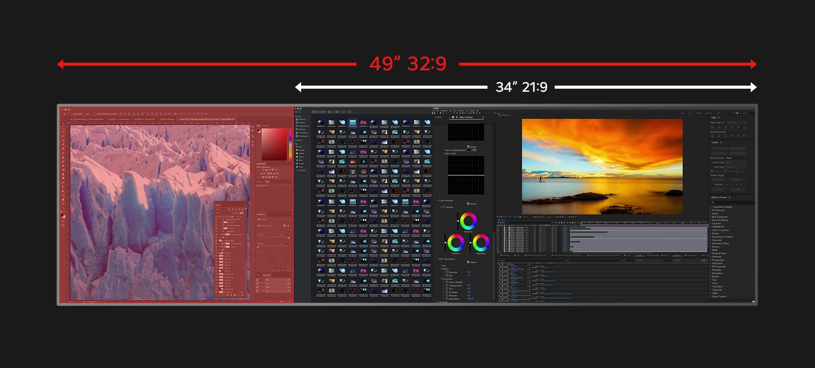 Image de comparaison entre un moniteur ultra-large 32:9 de 49" et un affichage 21:9 de 34" illustrant l’espace de travail horizontal étendu. L’écran affiche des applications créatives côte à côte.