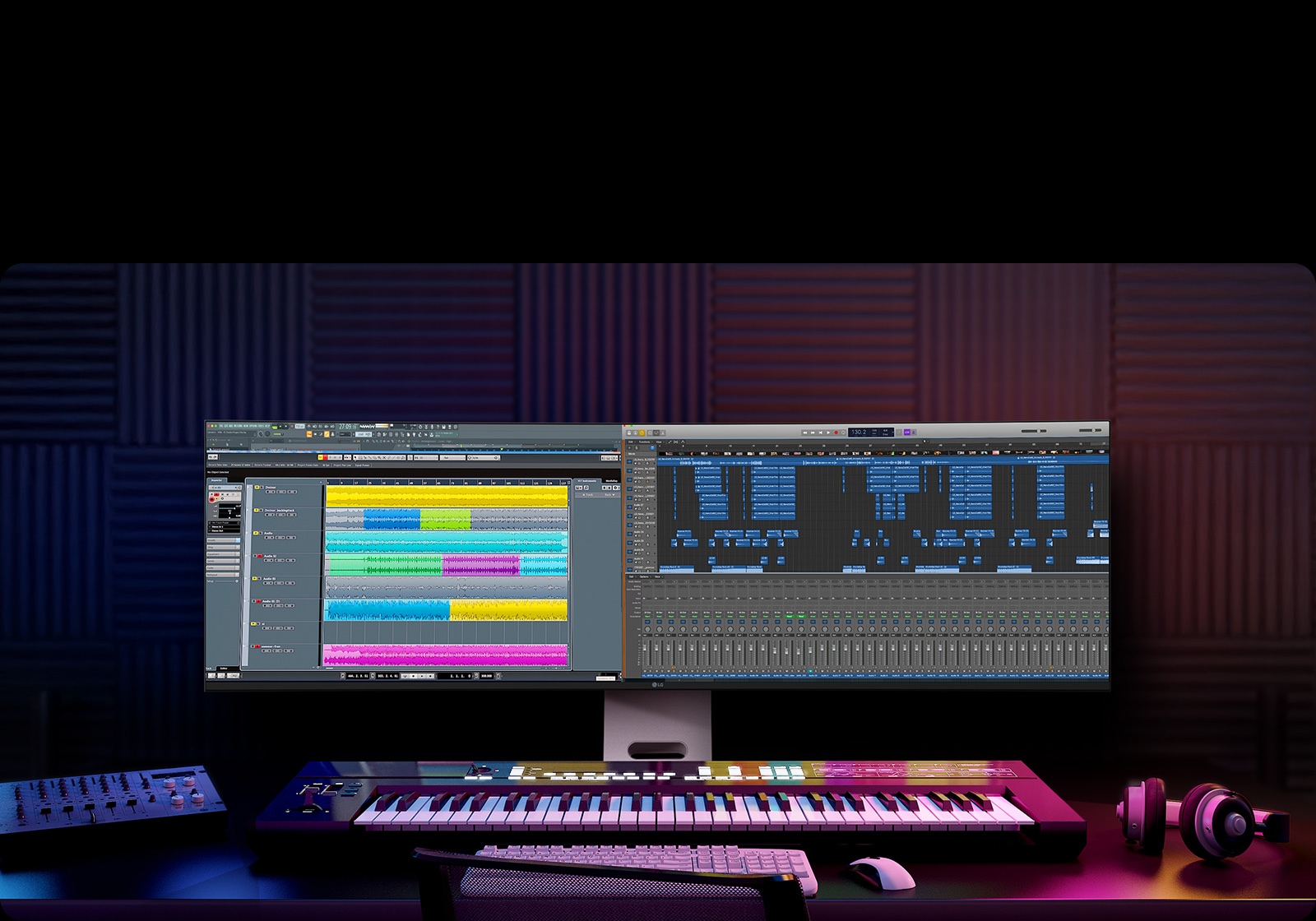 Une configuration de production musicale avec le moniteur LG UltraWide affichant des pistes audio superposées et une timeline complète d’un projet.