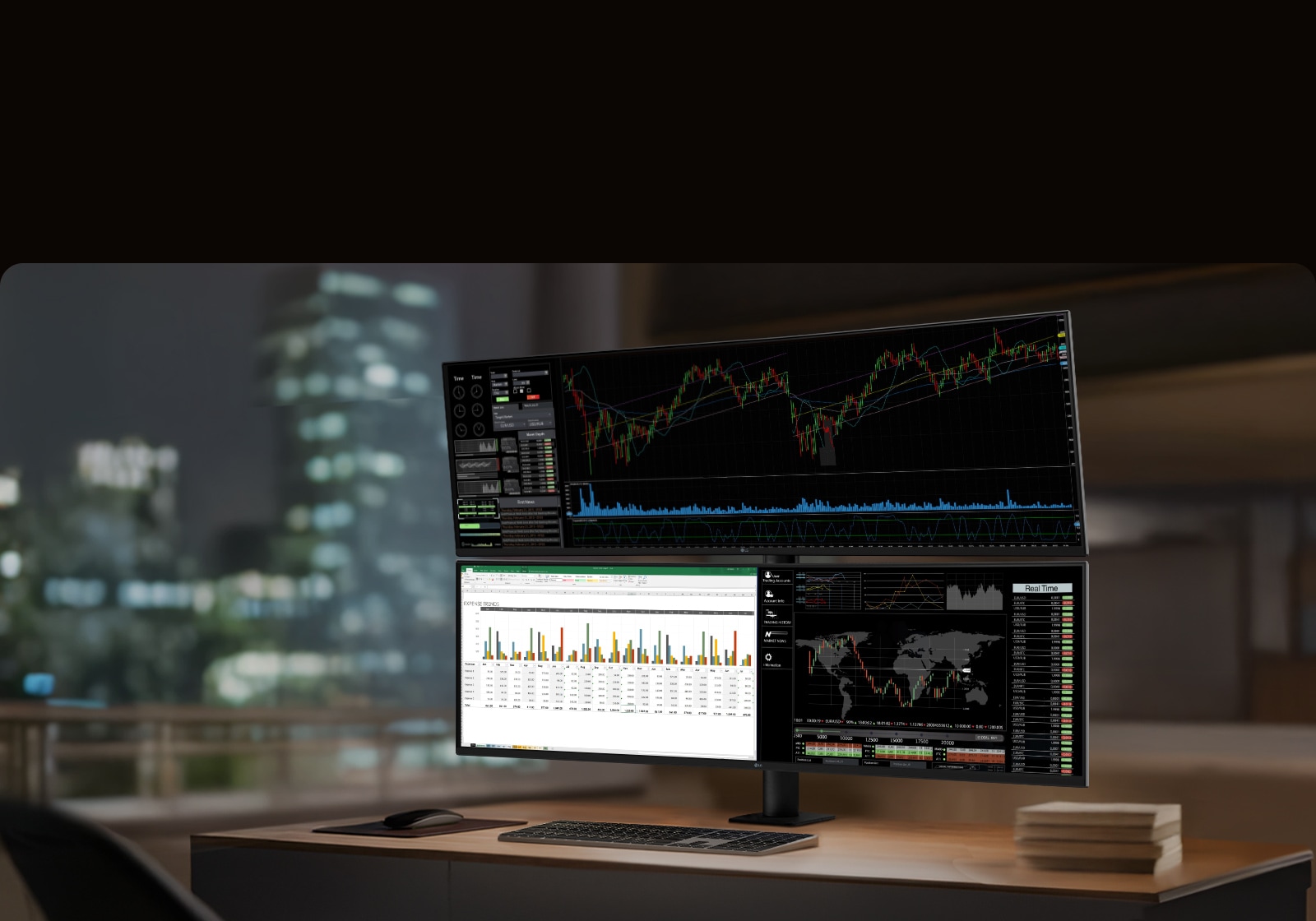 Environnement de bureau utilisant le moniteur LG UltraWide pour analyser plusieurs tableaux de bord de données et des diagrammes sur un écran large.
