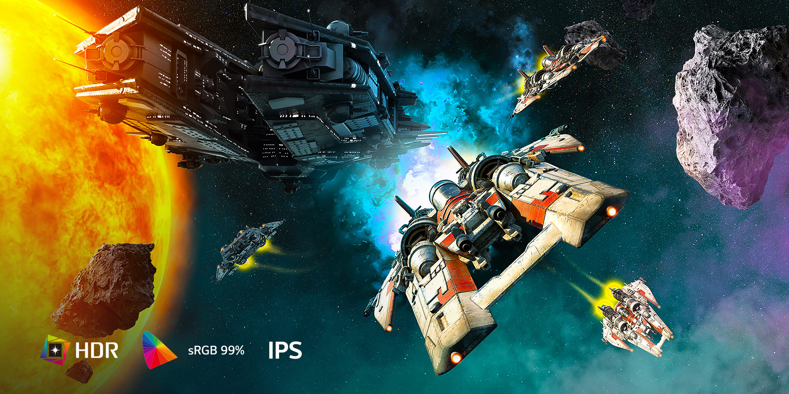 Scène de jeu de combat spatial présentant des couleurs vives avec HDR, sRGB 99 % et écran IPS sur le moniteur LG UltraGear.