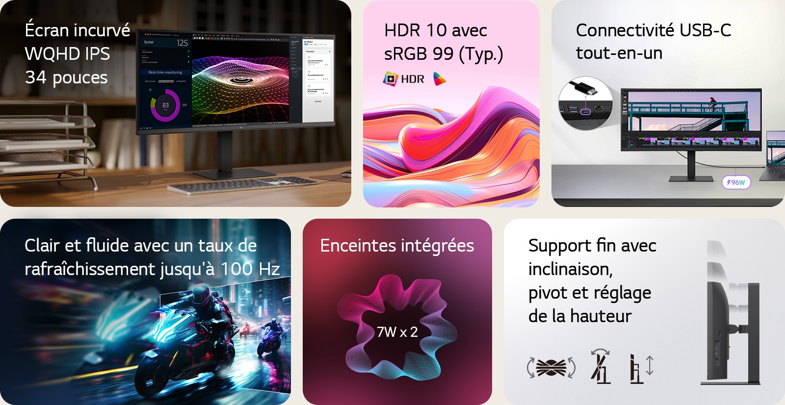 Il s’agit d’une image récapitulative pour un moniteur UltraWide, divisé en six blocs : un écran WQHD IPS incurvé de 34 pouces sur un bureau à domicile en bois montrant une surveillance en temps réel, des graphiques 3D colorés, et les outils de gestion de projet ; des ondes abstraites éclatantes représentant la précision des couleurs HDR10 et sRGB de 99 % ; un gros plan de ports illustrant la connectivité USB-C tout-en-un ; une scène de course de moto rapide mettant en valeur le taux de rafraîchissement fluide de 100 Hz ; un graphique de deux enceintes intégrées de 7 W pour un son immersif ; et un profil latéral du support fin avec des icônes indiquant : inclinaison ergonomique, pivot, et réglages de hauteur.