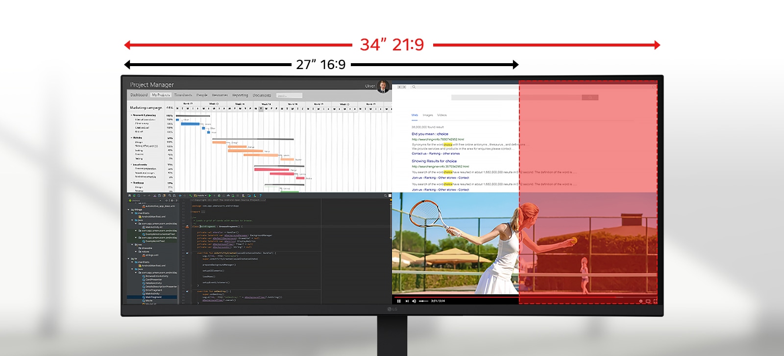 Moniteur LG ultra large affichant plusieurs applications sur un écran 21:9 de 34 pouces, avec une comparaison mise en évidence montrant l’espace horizontal supplémentaire sur un écran 16:9 standard de 27 pouces.