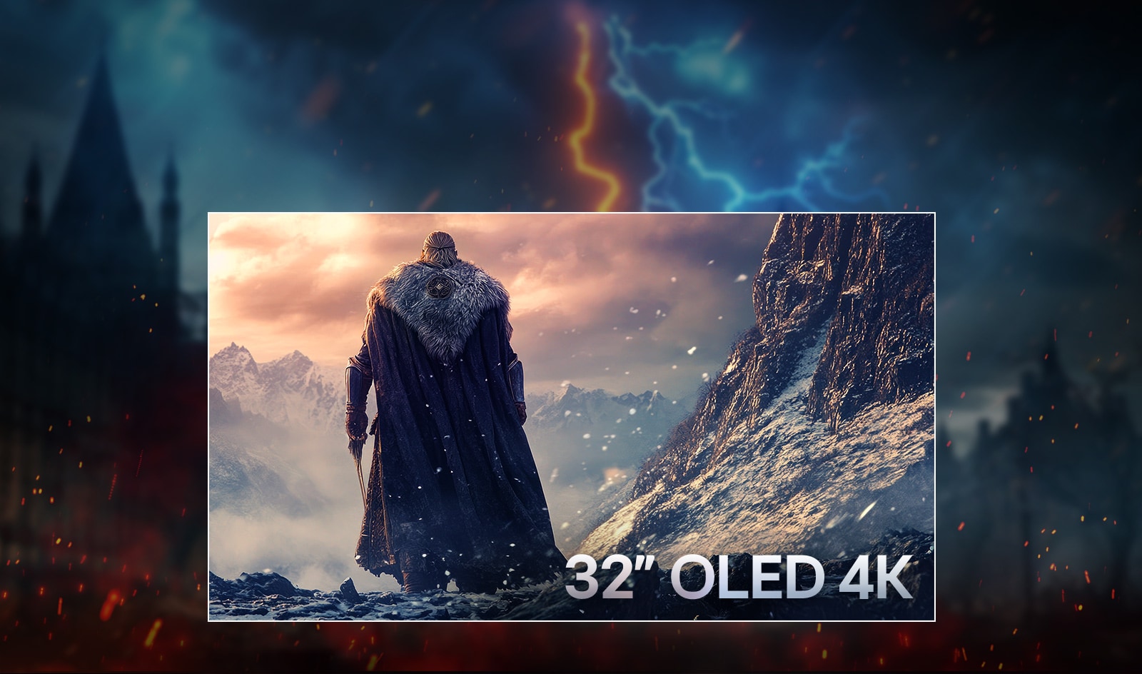 Une scène de jeu fantastique spectaculaire avec un guerrier vêtu d’une cape debout face à une chaîne de montagnes enneigées avec le texte OLED 4K de 32 pouces dans le coin inférieur droit.