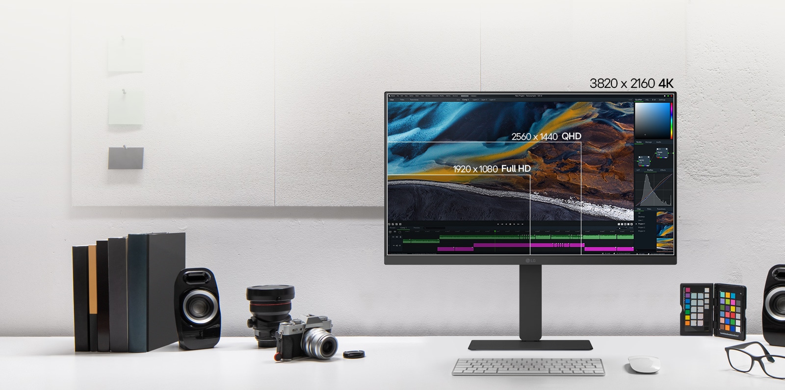 Vue avant d’un moniteur LG blanc sur un bureau, affichant des résolutions d’écran superposées pour comparer, avec des appareils photos, des livres, des échantillons de couleur et des enceintes disposées autour.	