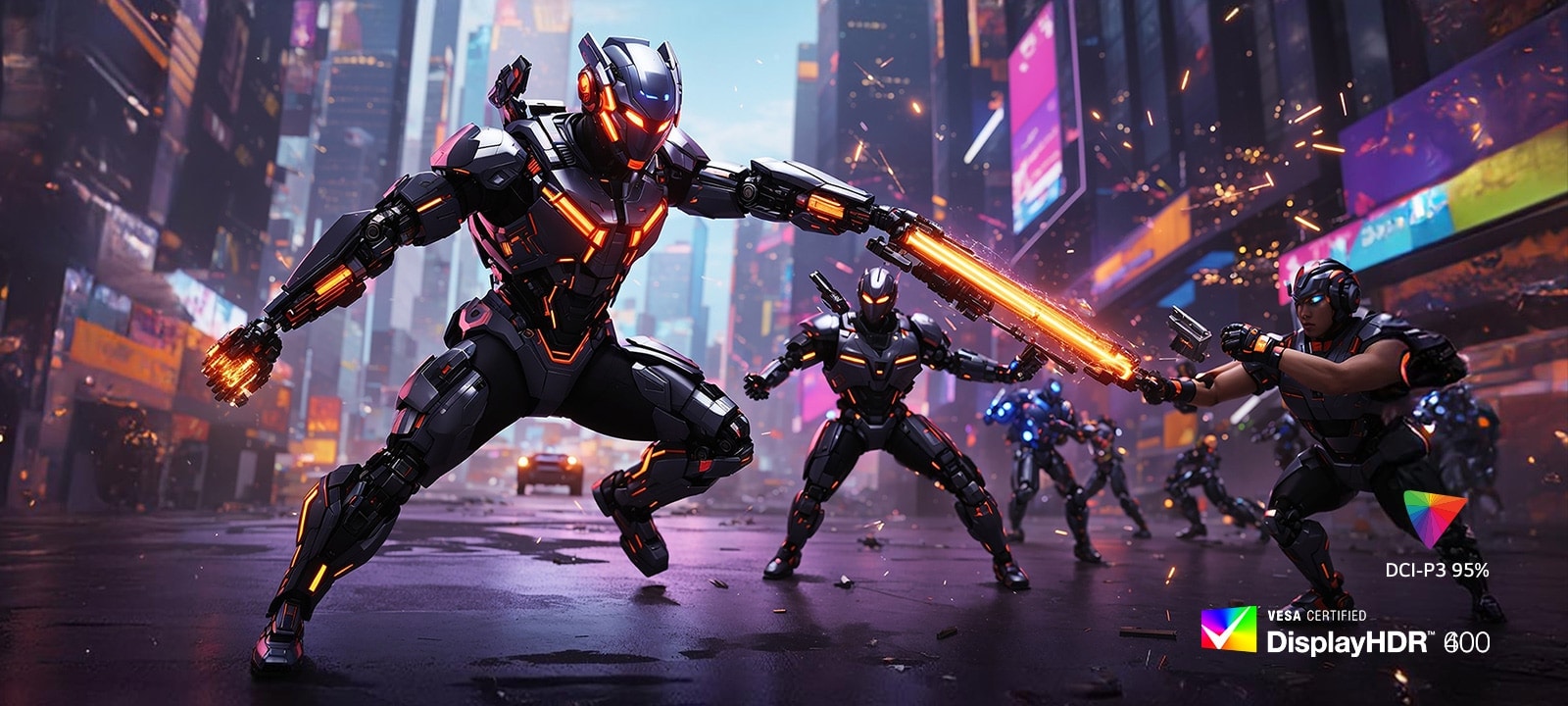 Des guerriers futuristes armés se battent avec des armes à énergie dirigée dans une ville éclairée aux néons.	