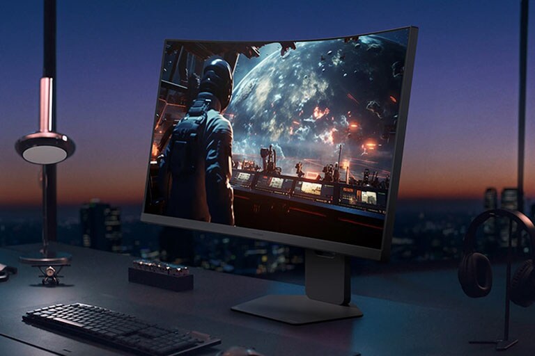 Vue avant et arrière du moniteur pour jeu UltraGear™ 37G800A, affichant une scène de course futuriste à l’écran.
