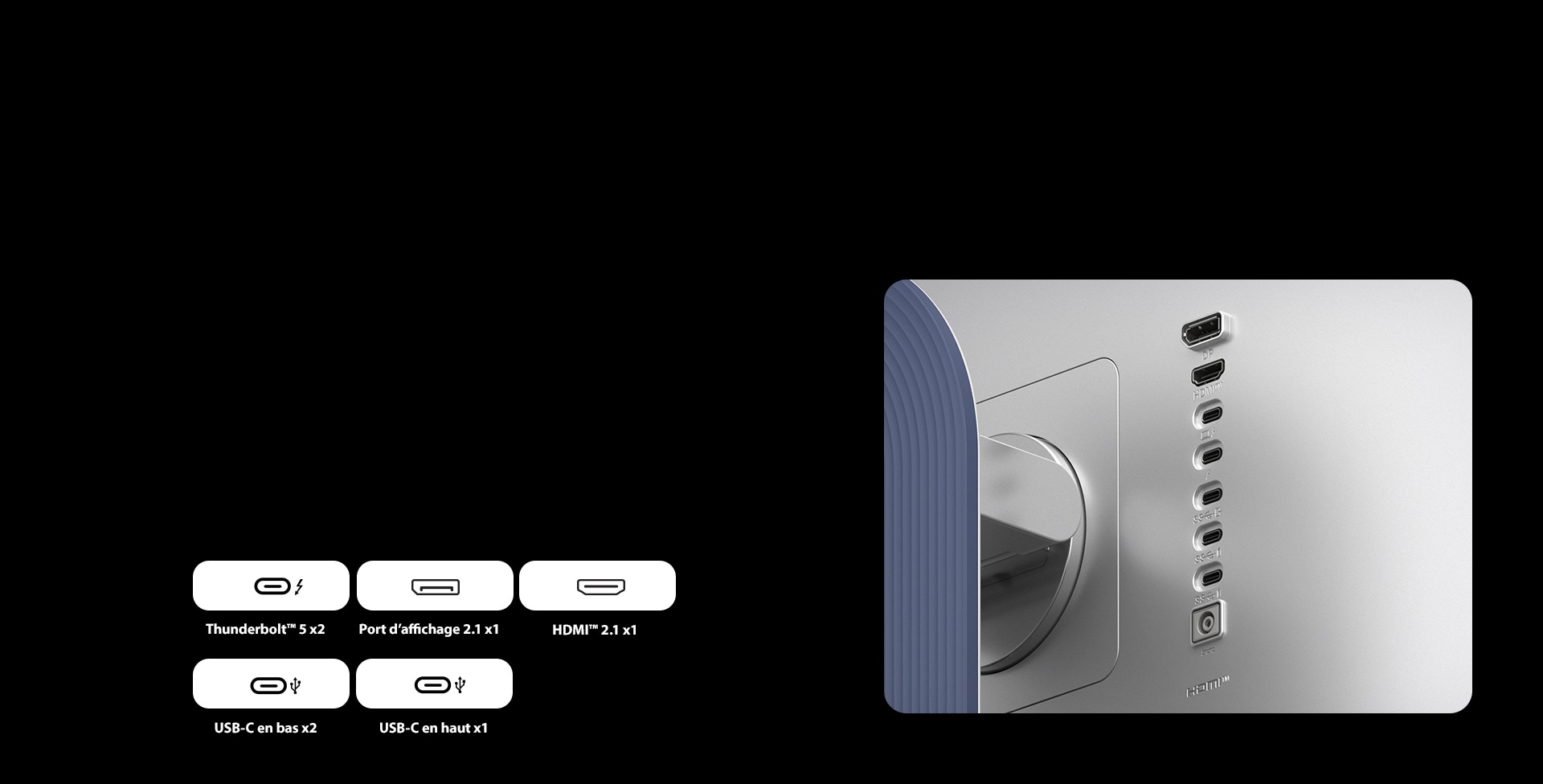Gros plan sur les ports du moniteur UltraFine pour montrer les différentes connectivités de câble disponibles.