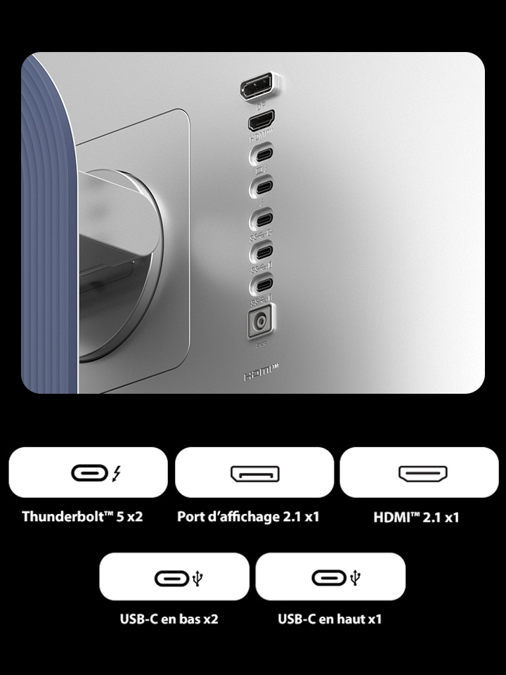 Gros plan sur les ports du moniteur UltraFine pour montrer les différentes connectivités de câble disponibles.