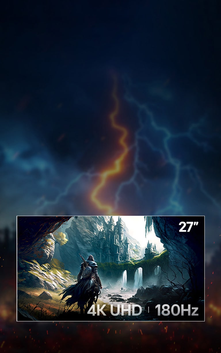 Bannière de héros pour le LG UltraGear™ 27G810A&nbsp;: un guerrier fantastique à cheval s’approche des ruines baignées de soleil encadrées par une forêt sombre. Le titre indique «&nbsp;Dominez le jeu avec la taille idéale&nbsp;», suivi d’un corps de texte à propos de la clarté de la 4K et des vitesses Dual-Mode. Le texte superposé dans le coin répertorie les caractéristiques techniques clés «&nbsp;27&nbsp;po | 4K UHD | 180&nbsp;Hz&nbsp;».
