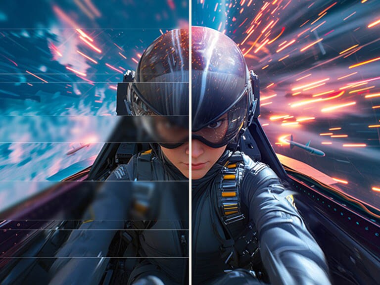 Comparaison d’image de jeu fluide - L’image de gauche présente des déchirures et l’image de droite est sans déchirures.