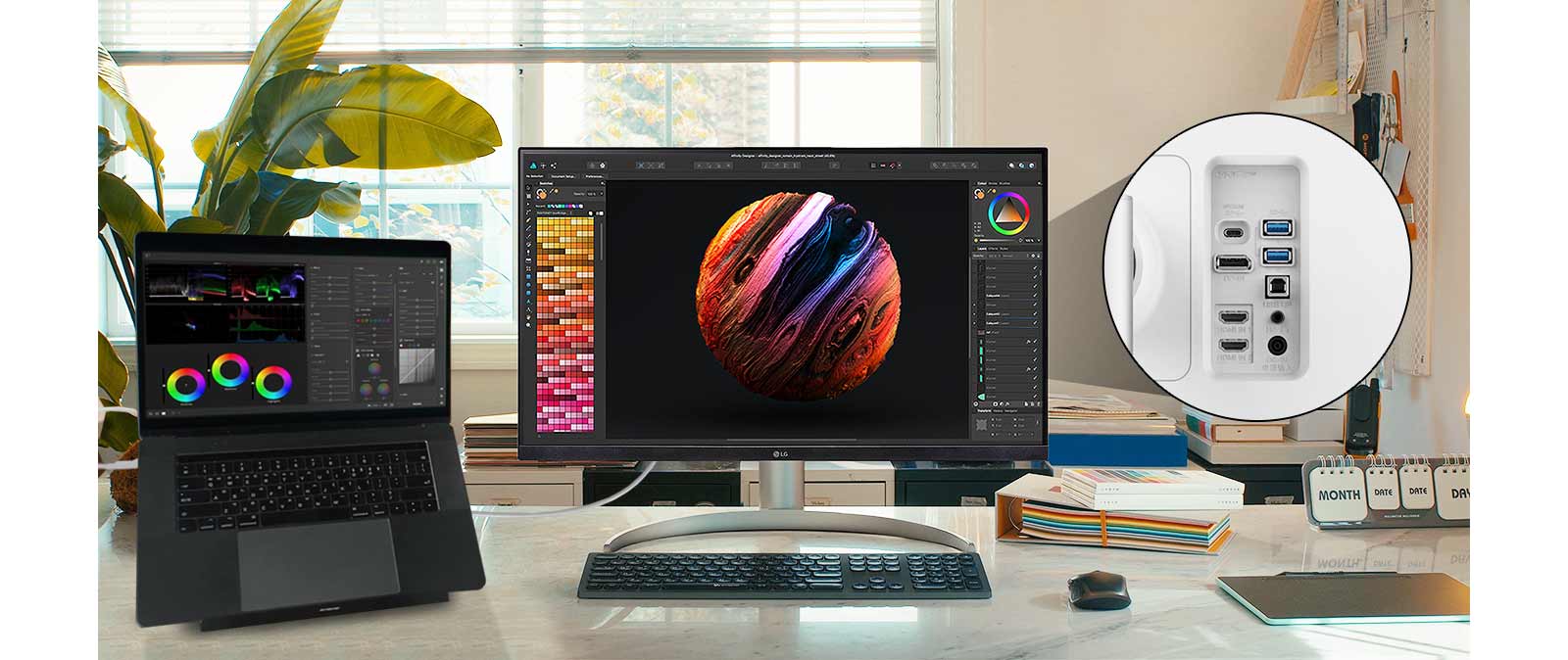 LG UltraFine™ est compatible avec différents types d'appareils en proposant un port USB Type-C™, un port DisplayPort, un port HDMI et deux ports USB.