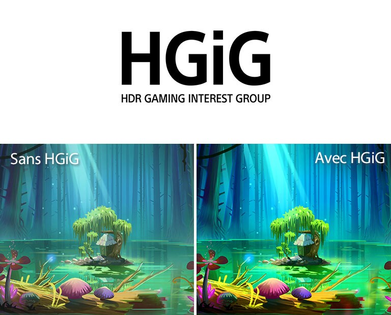 Une image animée d’une petite maison et d’un arbre, sur un petit terrain au milieu d’une mare entourée de grands arbres sans feuilles, accompagnée du texte « avec HGiG » en haut à droite, l’image est plus lumineuse et de meilleure qualité que celle sans HGiG.