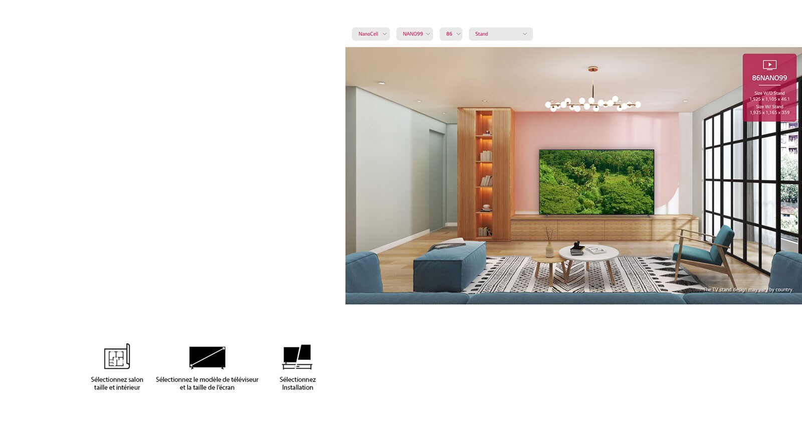 Un grand téléviseur à écran plat fixé sur un mur rose est entouré d’un mobilier naturel. L’écran montre une forêt luxuriante.