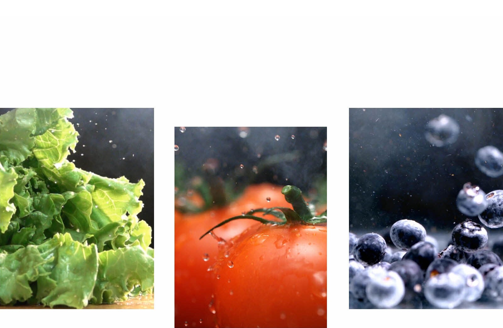 Une vidéo en gros plan de l’eau s’égouttant d’une laitue verte croquante jouxte une vidéo en gros plan de l’eau tombant sur des tomates rouges fraîches, ainsi qu’une vidéo de bleuets humides et brillants en mouvement.