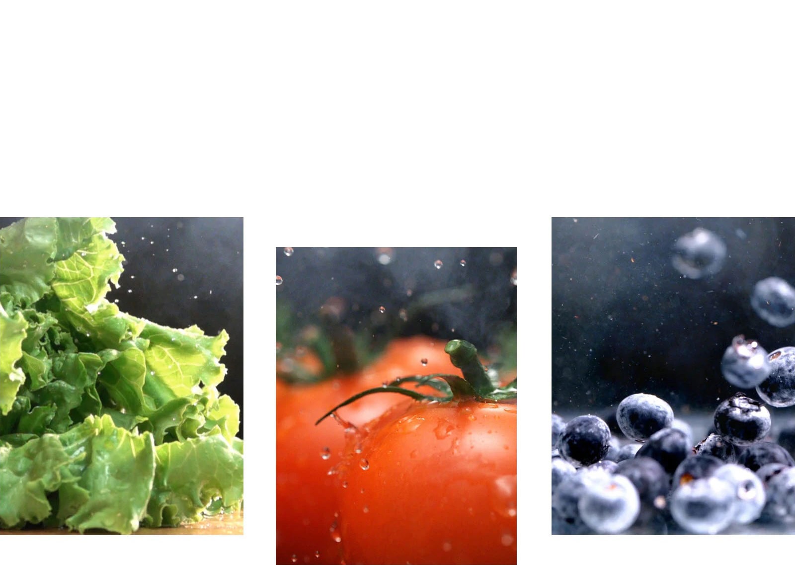 Une vidéo en gros plan de l’eau s’égouttant d’une laitue verte croquante jouxte une vidéo en gros plan de l’eau tombant sur des tomates rouges fraîches, ainsi qu’une vidéo de bleuets humides et brillants en mouvement.